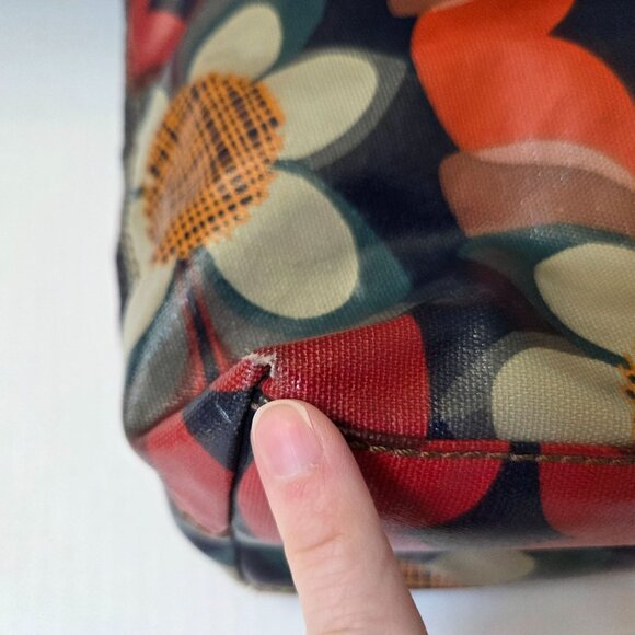 Fossil Tote Red Mod Floral Coated Canvas Keyper Bag Retro Boho Brown Leather - Picture 11 of 16